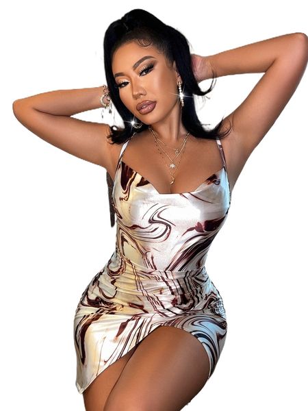 

sxy marble print draped ruched wrap hem satin cami dress x79v#, Black;gray
