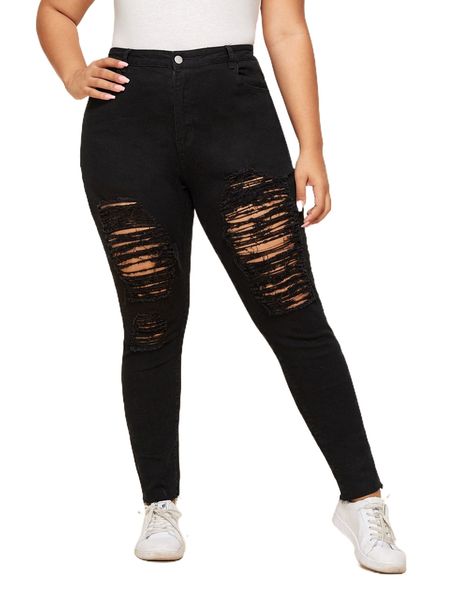 

plus high waist ladder distressed skinny jeans a79q#, Blue