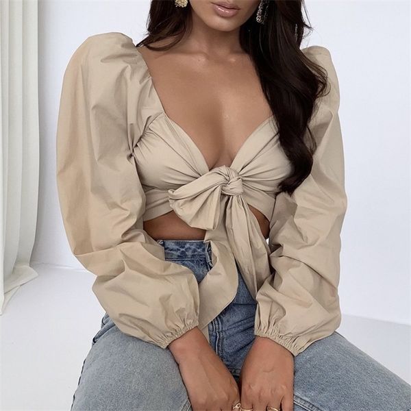 

yimunancy 2 colors puff sleeve women knot v neck crop autumn ladies long sleeve clubwear 220809, White