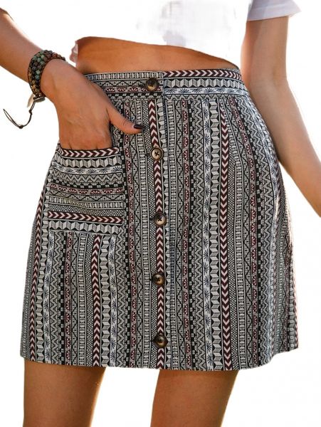 

chevron print single breasted patched pocket skirt i4lk#, Black