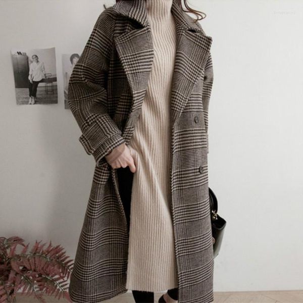 Misto lana da donna 2022 Donna Autunno Inverno Lungo cappotto di lana scozzese Doppio petto Cappotto a vita larga Giacca a maniche lunghe Mantello Bery22