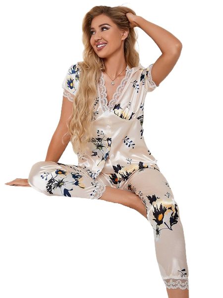 

floral print contrast lace satin pj set r6mk#, Black;red