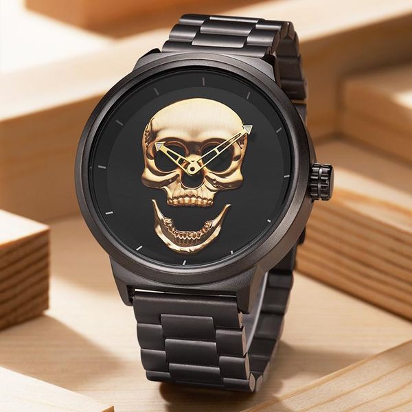 Armbanduhren Top Marke Biden Luxus Herrenuhr Golden Skull Punk Stilvolle Herren Edelstahl Wasserdichte Sport Quarz Armbanduhr GeschenkeW