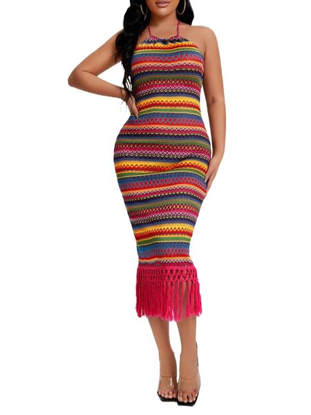 

newness geo pattern fringe hem tie backless halter dress d2uy#, Black;gray