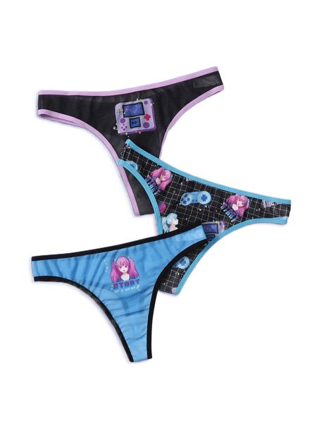 

romwe anime 3pack letter cartoon graphic contrast binding mesh panty set t57c#, Black;red