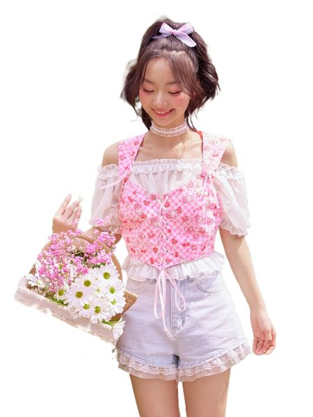 

kawaii cartoon graphic gingham lace up tank without blouse 26mq#, White