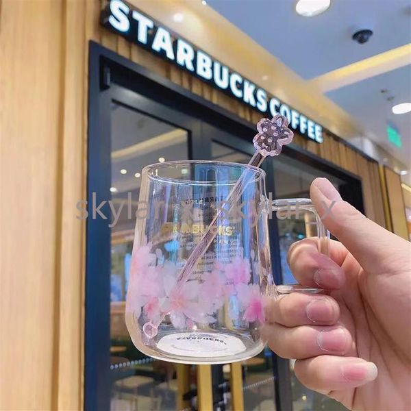 

300ml starbucks laser sakura mugs pink coffee water cup with stirring rod large capacity good gift product201s