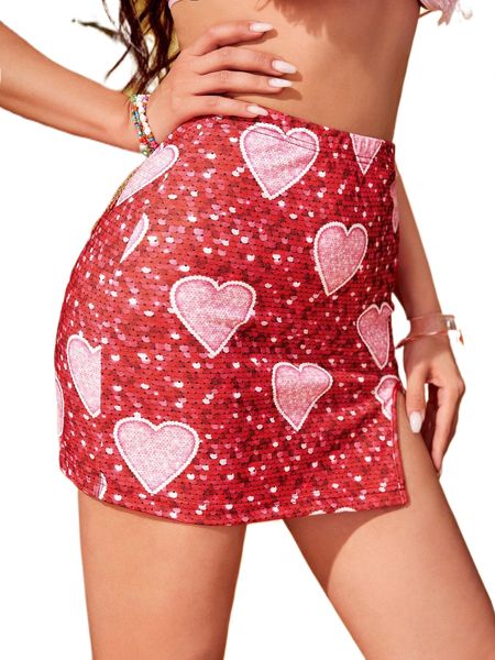 

heart print split hem skirt f3r3#, Black