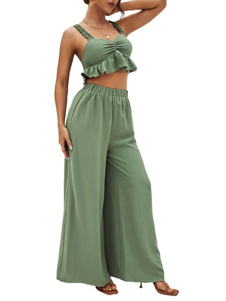 

shirred back ruffle hem cami & wide leg pants set c3do#, White