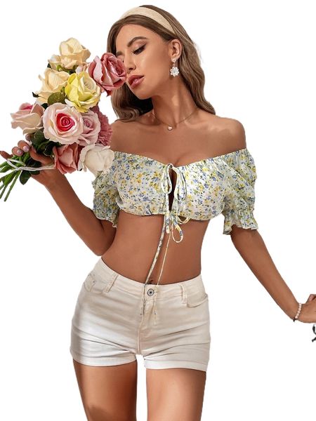 

ditsy floral print puff sleeve knot front cut out crop d6as#, White
