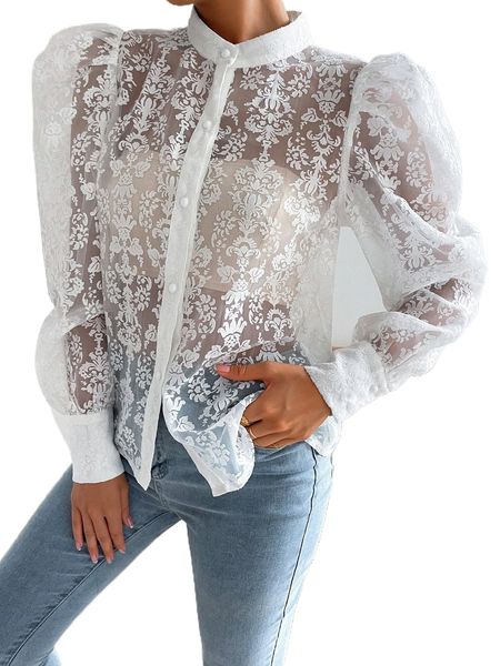 

mock neck leg-of-mutton sleeve sheer shirt without bra 25eq#, White