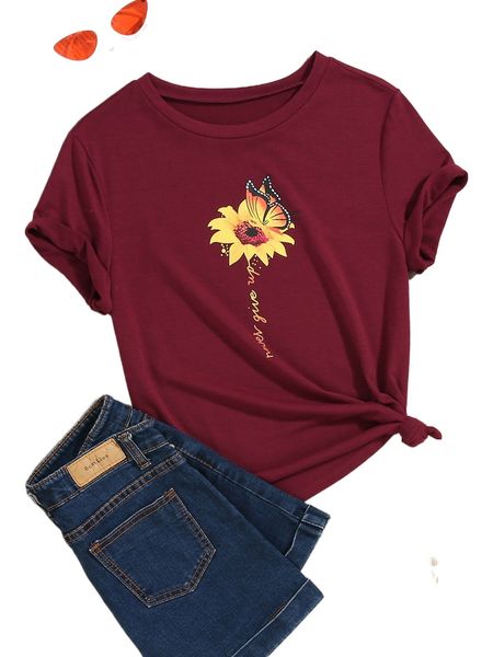

sunflower & butterfly print tee a0t8#, White