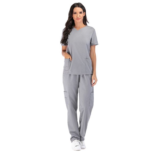 

h1-women's two piece pants women's solid color spa threaded hospital clinic doctor work suits +pants scrub pet nursing uniform, White