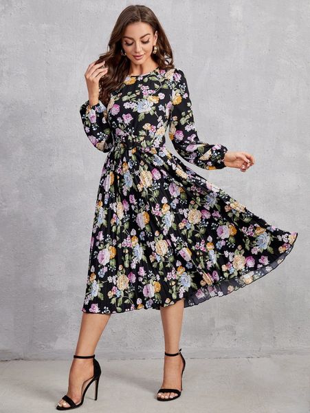 

floral print pleated hem dress z3gj#, Black;gray