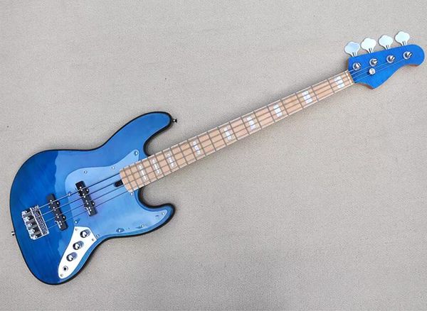 

4 strings blue electric bass guitar with flame maple veneer