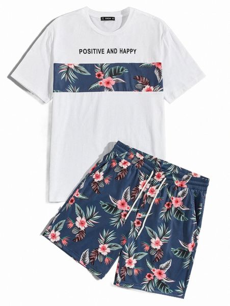 

men slogan and tropical print & shorts set r2sg#, Gray