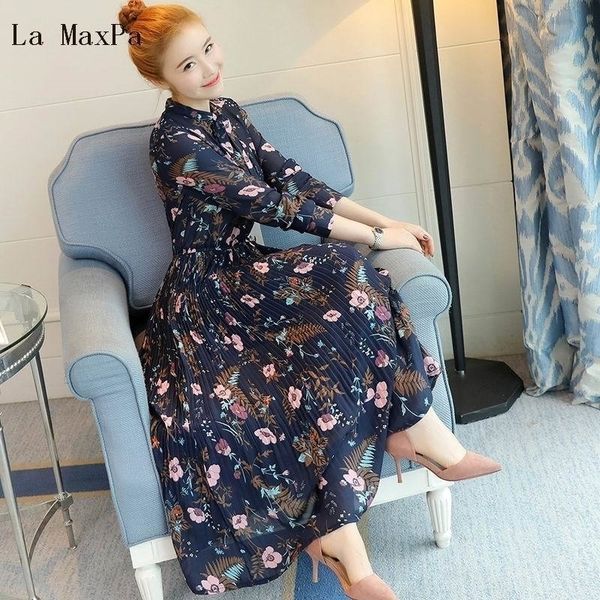 

floral print pleated dress spring autumn women stand collar long sleeved blue flower printed long chiffon dresses y200101, White;black