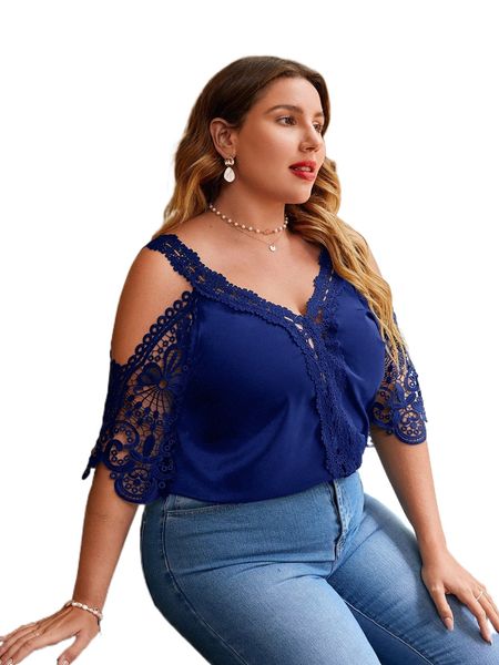 

plus contrast guipure lace cold shoulder blouse r6qa#, Black