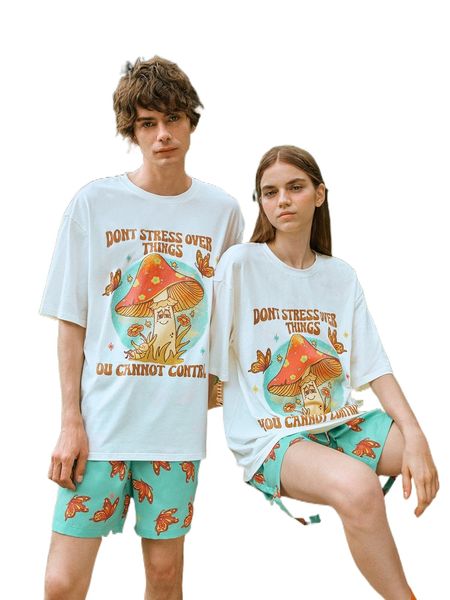 

romwe x mystic sunshine mushroom & butterfly print tee & shorts s68a#, Gray