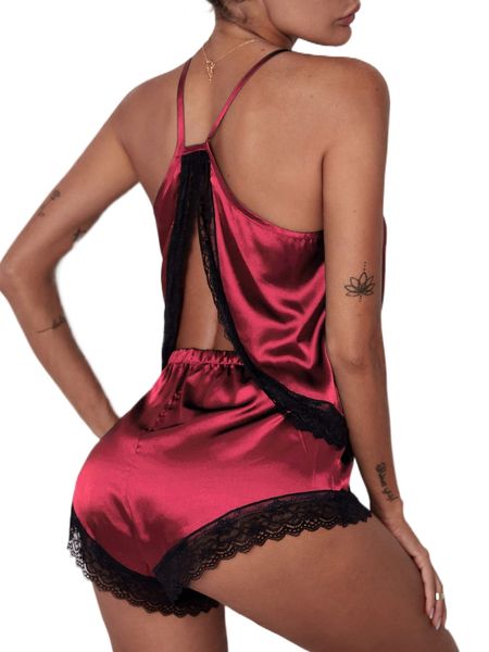 

lace trim satin cami & shorts pj set 86hh#, Black;red