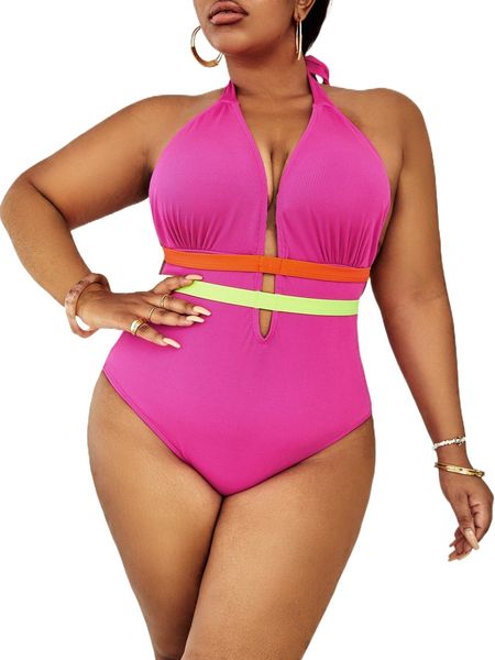 

plus colorblock cut-out halter one piece swimsuit m4fc#, White;black