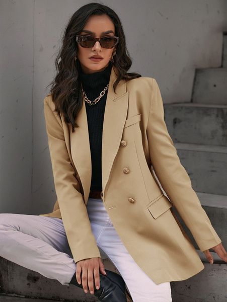 

solid double breasted flap detail blazer m5g6#, White