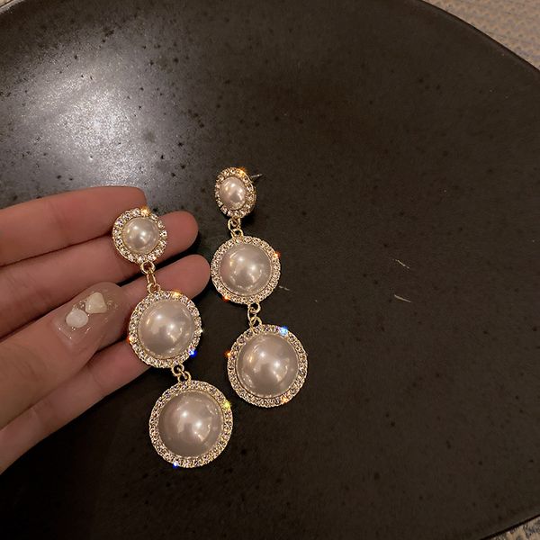 

925 silver needle korean splendid diamond pearl earrings geometric round long earrings fashion trending dinner eardrop, Golden