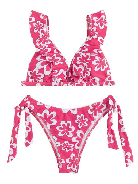 

floral print ruffle trim bikini swimsuit b1hn#, White;black