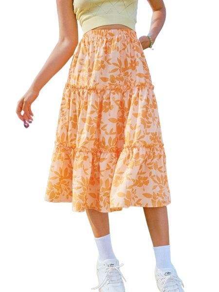 

romwe y2k revival floral print frill skirt p9b9#, Black