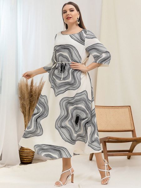 

plus annual ring print belted dress g8bf#, Black