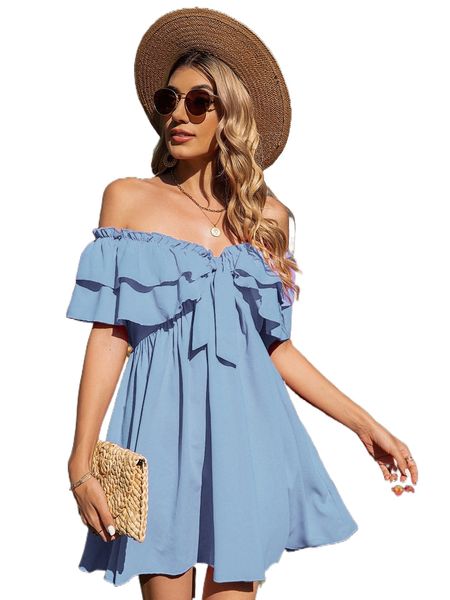 

off shoulder frill knot front tiered layer dress s8lv#, Black;gray