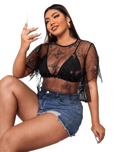 

plus butterfly sequin mesh without bra e58o#, Black