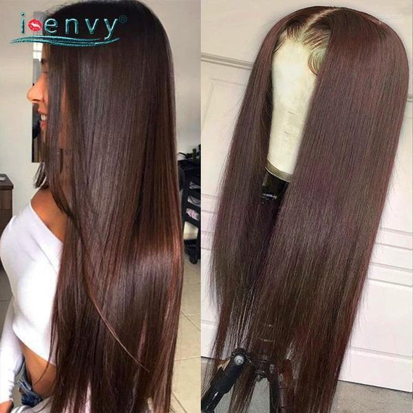 Кружевные парики прямой темно -коричневый парик для волос с человеческими волосами прозрачный фронт шоколад Peruvian для женщин remy tobi22