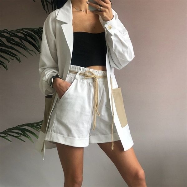 

taotrees summer women two piece set string waisted long jacket shorts female casual suit set womens 2 piece set y200110, White