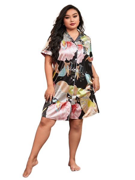 

plus floral print contrast piping satin night dress f4ny#, Black;white