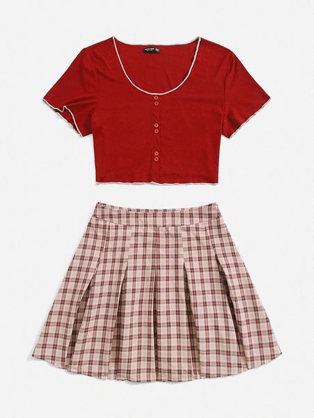 

plus contrast trim scoop neck crop tee & plaid fold pleated skirt n0ro#, Black