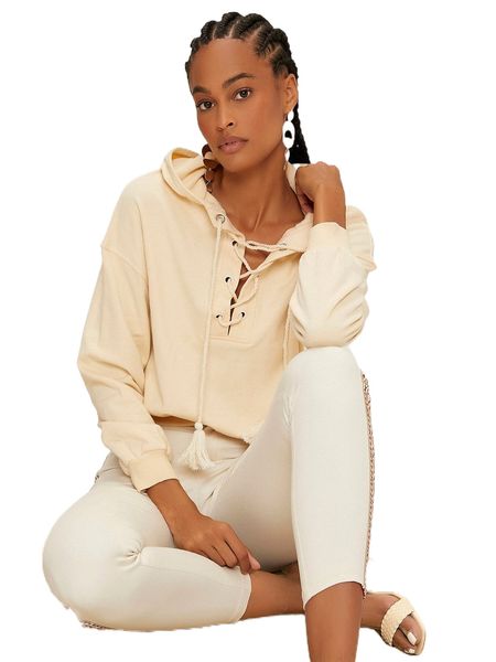 

newness tassel lace up front hoodie k6xe#, Black