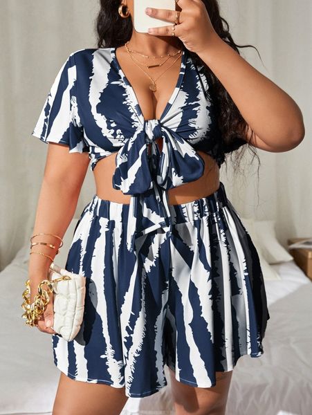 

sxy plus graphic print tie front crop with shorts l5f0#, Black