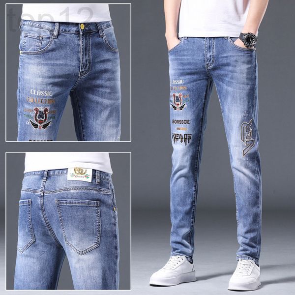 

men's jeans designer spring and summer fashion personalized embroidery men's jeans korean slim fit handsome straight leg pants men, Blue
