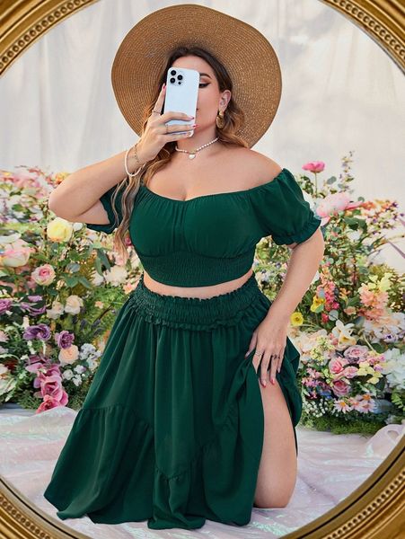 

plus off shoulder shirred & ruffle hem skirt i59j#, Black