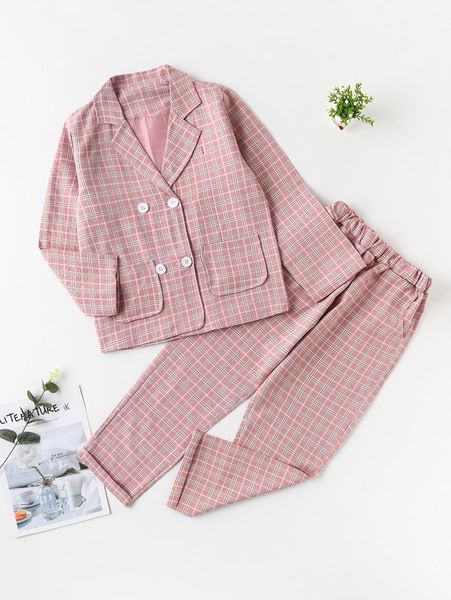 

girls plaid pocket front double breasted blazer & pants she, White
