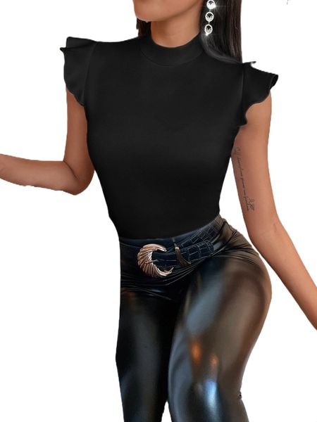 

mock neck ruffle trim tee c2ts#, White