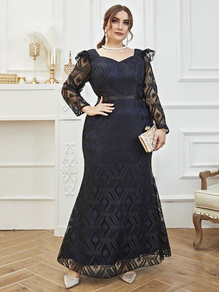 

plus contrast lace ruffle trim sweetheart neck prom dress i71s#, Black