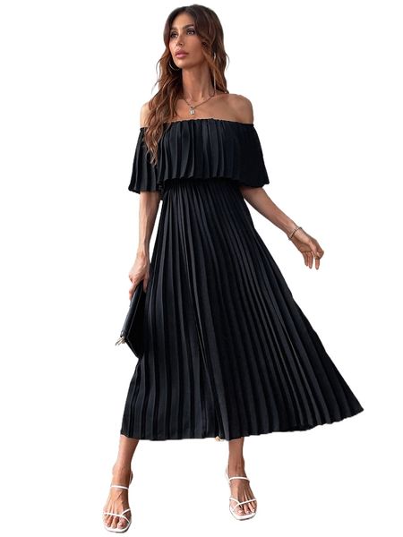 

off shoulder ruffle trim pleated dress a4zc#, Black;gray