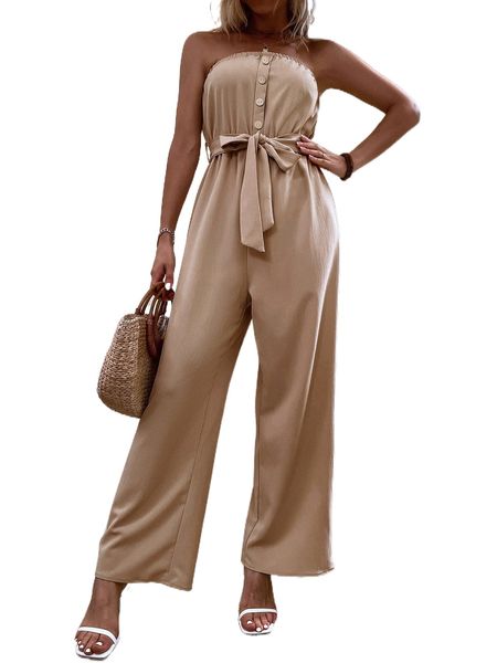 

button detail belted tube jumpsuit g041#, Black;white