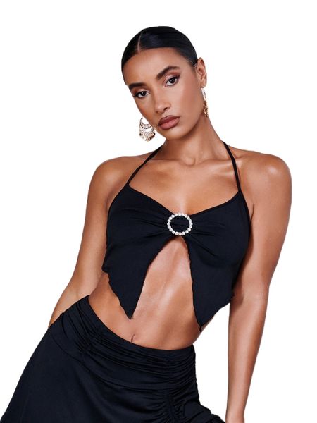 

rhinestone buckled asymmetrical hem tie backless crop halter k8gv#, White