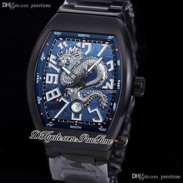 Vanguard v45 3d Dragão rei automático Homens de aço PVD All Black Blue Dial Big White Number Markers Antecedores de aço inoxidável Relógios 4 Estilos Puretime E242A1