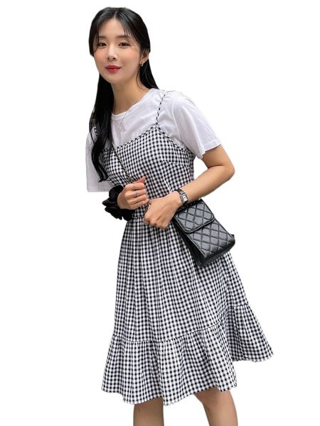 

dazy gingham ruffle hem cami dress without tee 91gn#, Black;gray