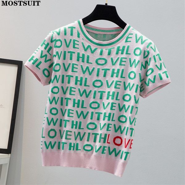 

letters knit sweater pullover women short sleeve round neck knitwear casual fashion korean ladies jumpers, White;black