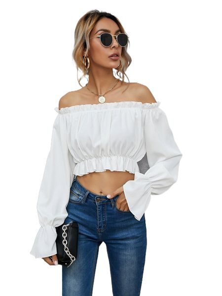 

flounce sleeve crop bardot m4cy#, White